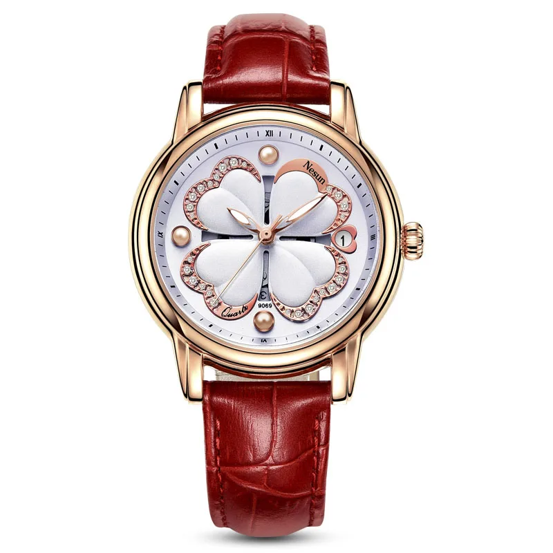 Rose-leather-2 Nesun модные керамические женские часы с браслетом люксовый бренд розовое золото женские часы с бриллиантамы Стильный дизайнерский Серебряный Relogio Femino - Цвет: Rose-leather-2