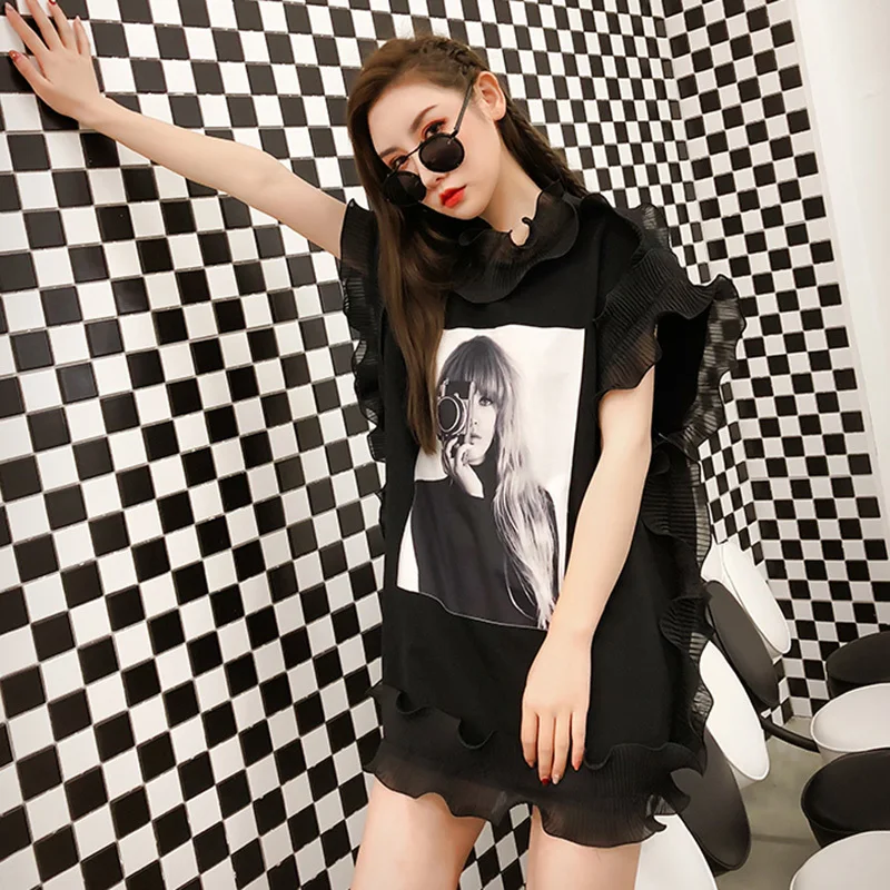 TWOTWINSTYLE футболка с принтом женская оборками в стиле пэчворк со стоячим воротником