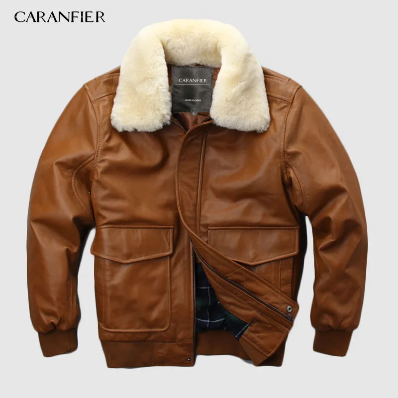 Летный Костюм ВВС CARANFIER Толстая теплая кожаная куртка с меховым воротником из