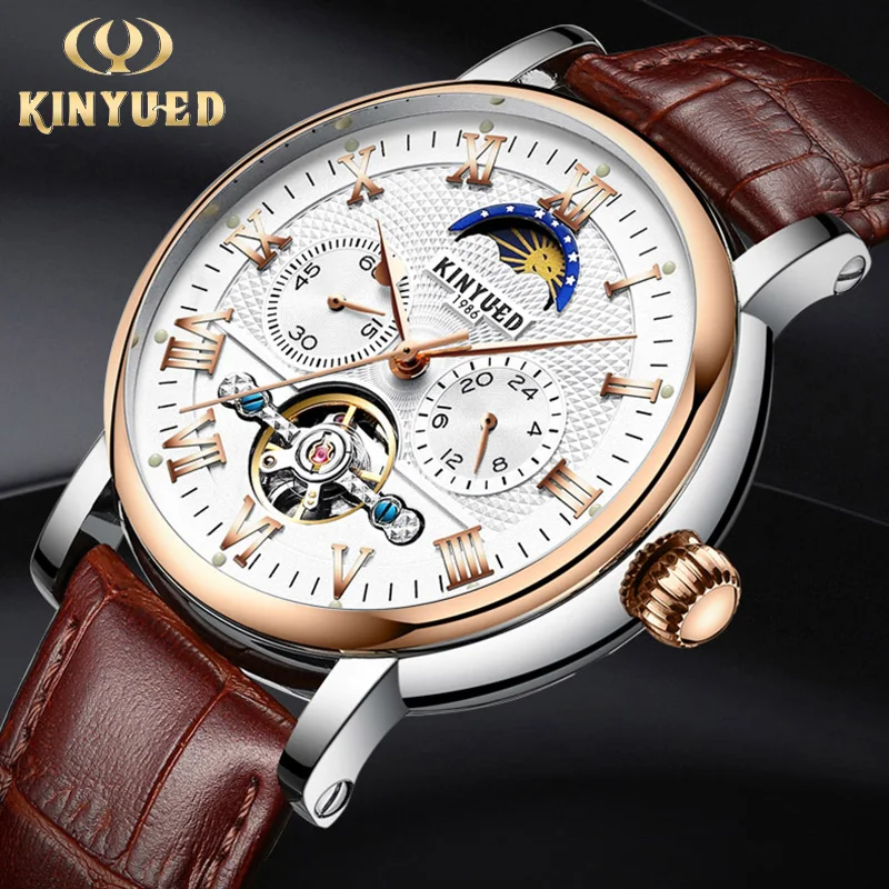 KINYUED Роскошные автоматические часы Moon Phase для мужчин с хронографом Tourbillon Мужские