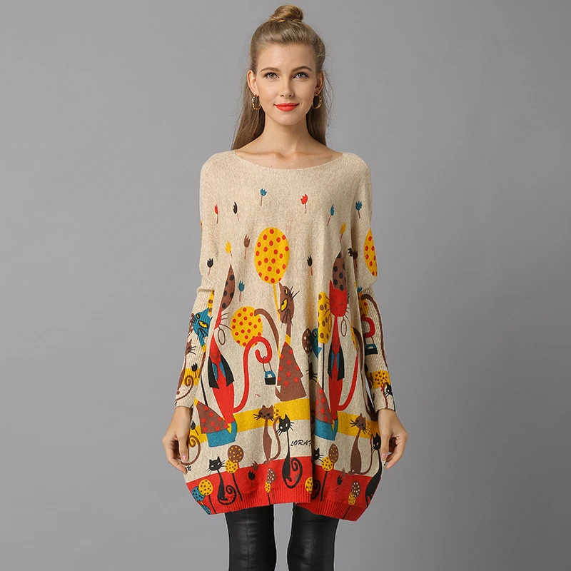 Chictorso Для женщин Джемперы Красочные мультфильм печати Платья-свитеры рукав