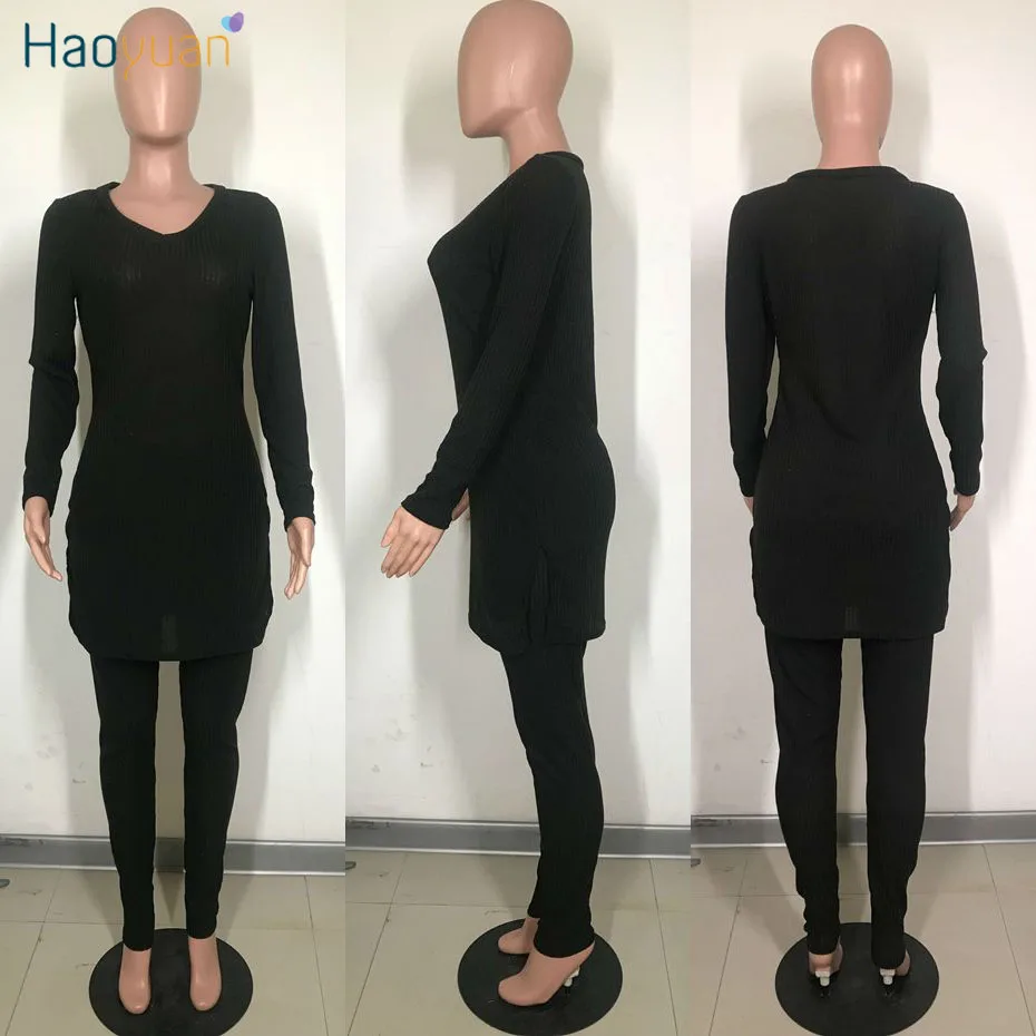 HAOYUAN/женские комплекты из двух предметов осенне-зимние комплекты с длинными топами и штаны бодикон спортивный костюм осенняя одежда трикотажный спортивный костюм