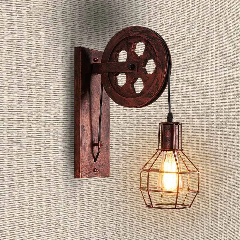 Rusty without bulb Светильники в стиле ретро, шкив, настенный светильник, подвеска, винтажный металлический светильник для спальни, бра - Цвет абажура: Rusty without bulb