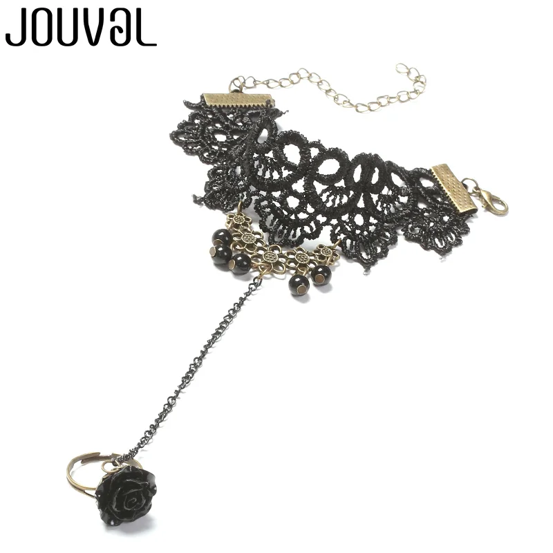 B1028 JOUVAL готический браслет для женщин, Черная кружевная цепочка на палец, жгут, браслет и браслет с цветком, очаровательные винтажные стимпанк ювелирные изделия - Окраска металла: B1028
