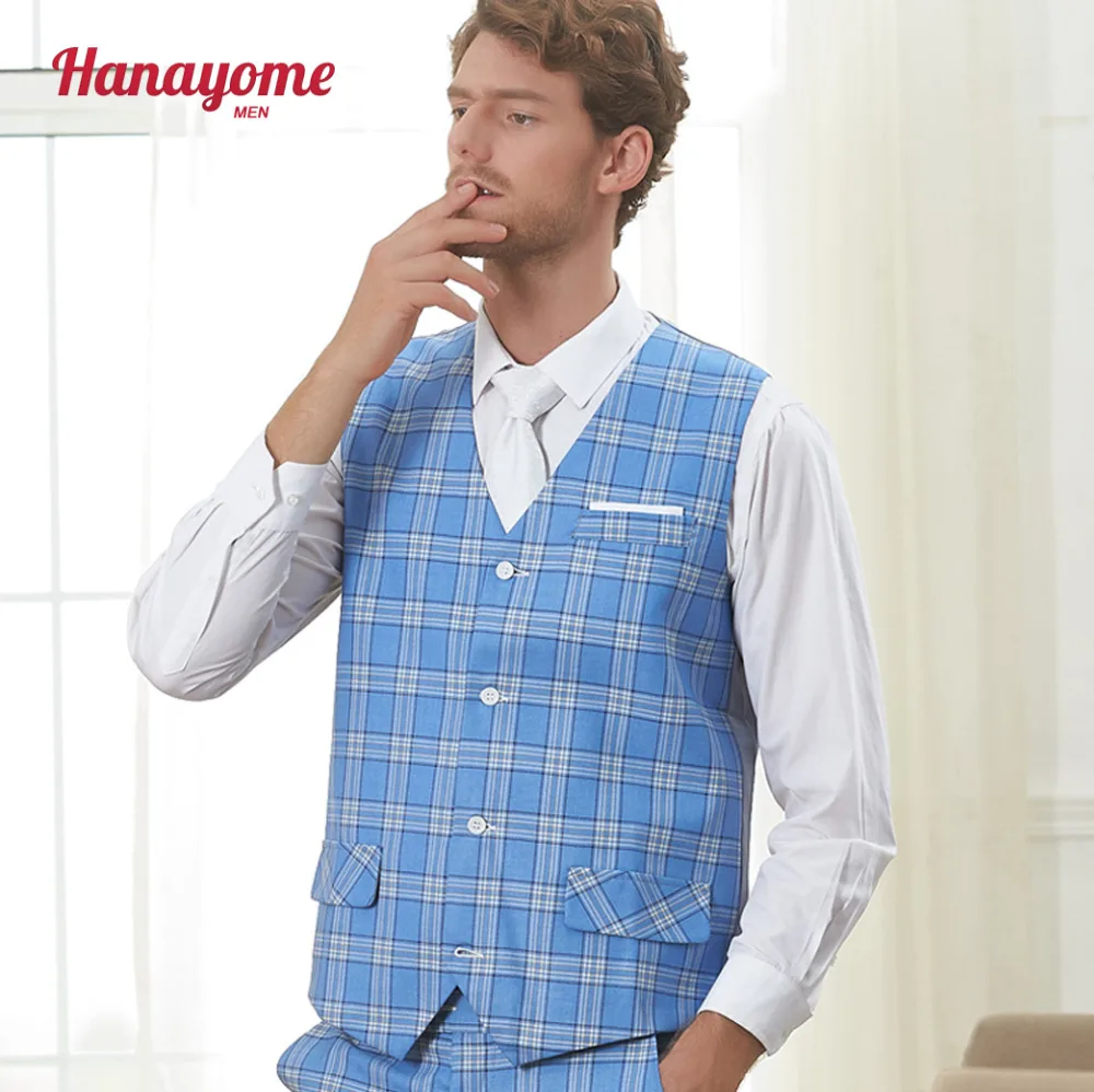 Мужской синий костюм жилет v образный вырез без рукавов в клетку формальный