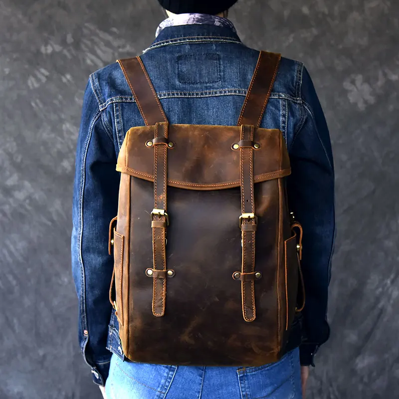 2018 Newest Men vintage crazy horse leather backpack Unisex cow Laptop rucksack Women Thick real school bag Cool | Багаж и сумки