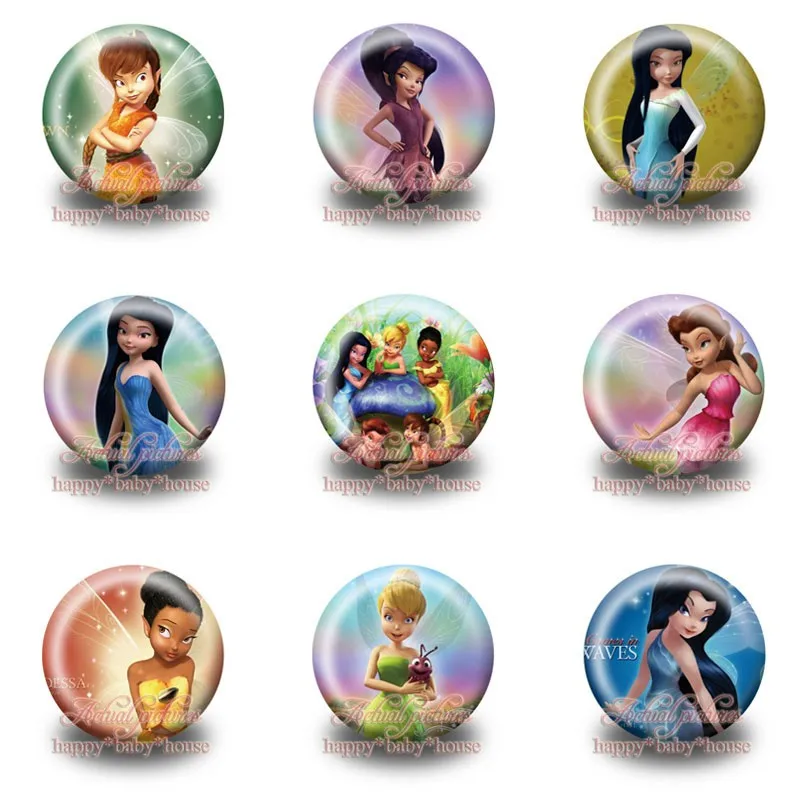 90 шт., Tinker Bell, Мультяшные кнопки значки шпильки, новинка, круглые значки, диаметр 30 мм, аксессуары для одежды/сумок, детские подарки