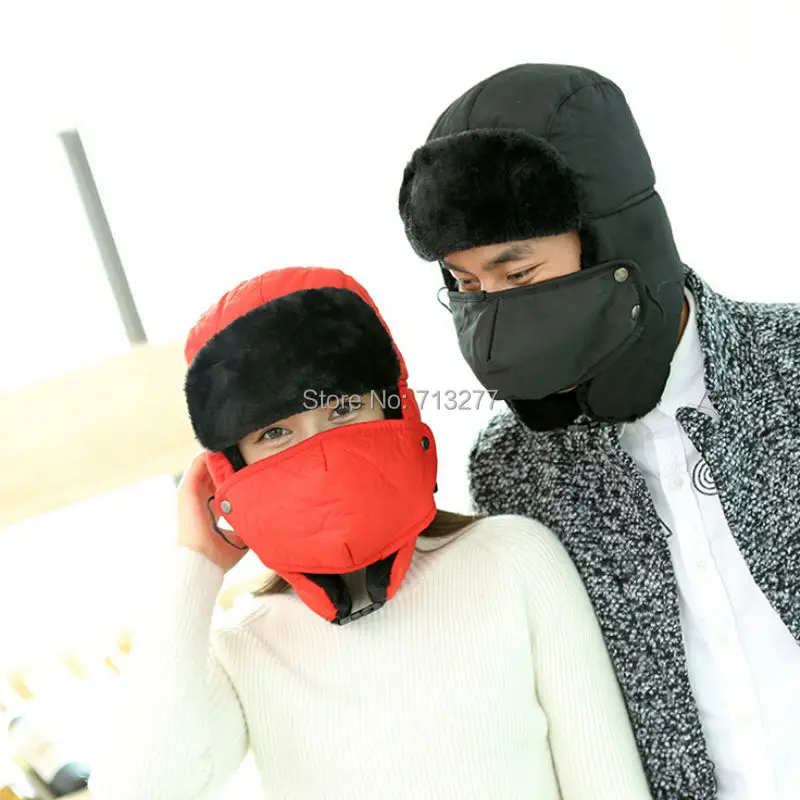 

HT403 2017 New Faux Fur Men Winter Warm Fur Trapper Hats Solid Plain Russian Bomber Hats Caps With Mouth Mask Lovers Earflap Cap