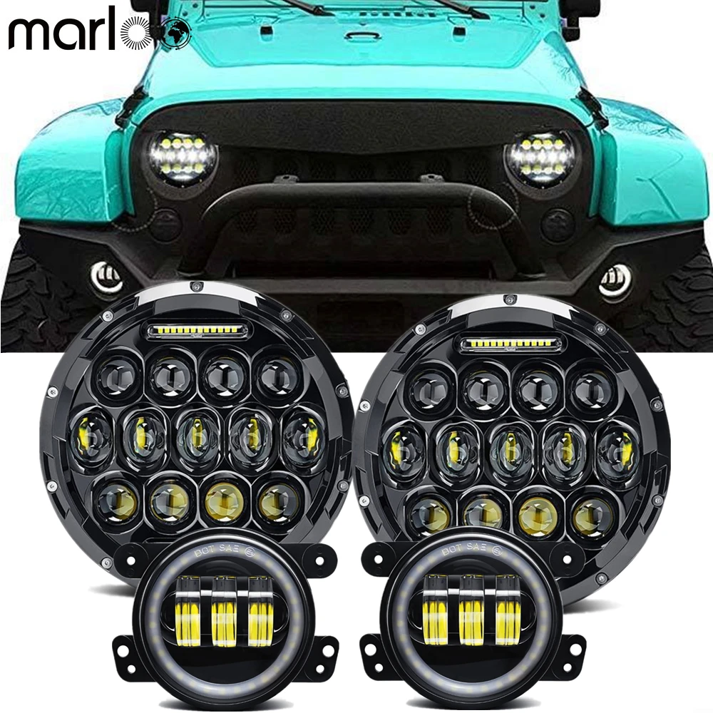 

4pc/Set 75W 7" Round Sealed Beam LED Headlights Projector DRL With Halo 4 Inch Fog Light for Jeep 07-18 Wrangler JK JKU