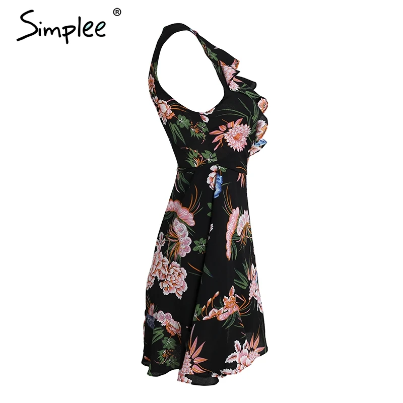 Simplee рюшами v шеи принтом летнее платье Для женщин без рукавов boho wrap повседневные