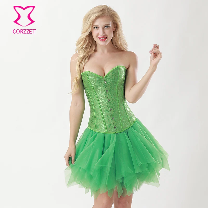 Green Corset Dress Зеленые жаккардовые викторианские корсеты и бюстье Сексуальная Корсетная юбка готическая одежда платье Бурлеск Corselete Feminino Espartilhos - Цвет: Green Corset Dress