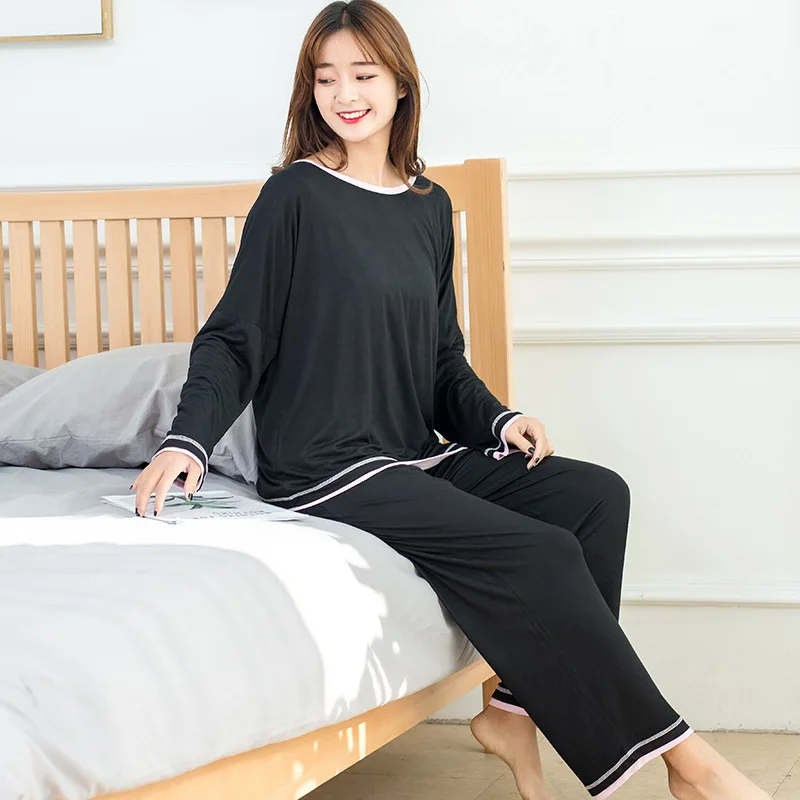 

2019 Spring Modal Long Sleeve Loose Womens Pajamas Round Neck Solid Pijama Mujer Sexy Lingerie Loungewear Women Pyjamas Home Set