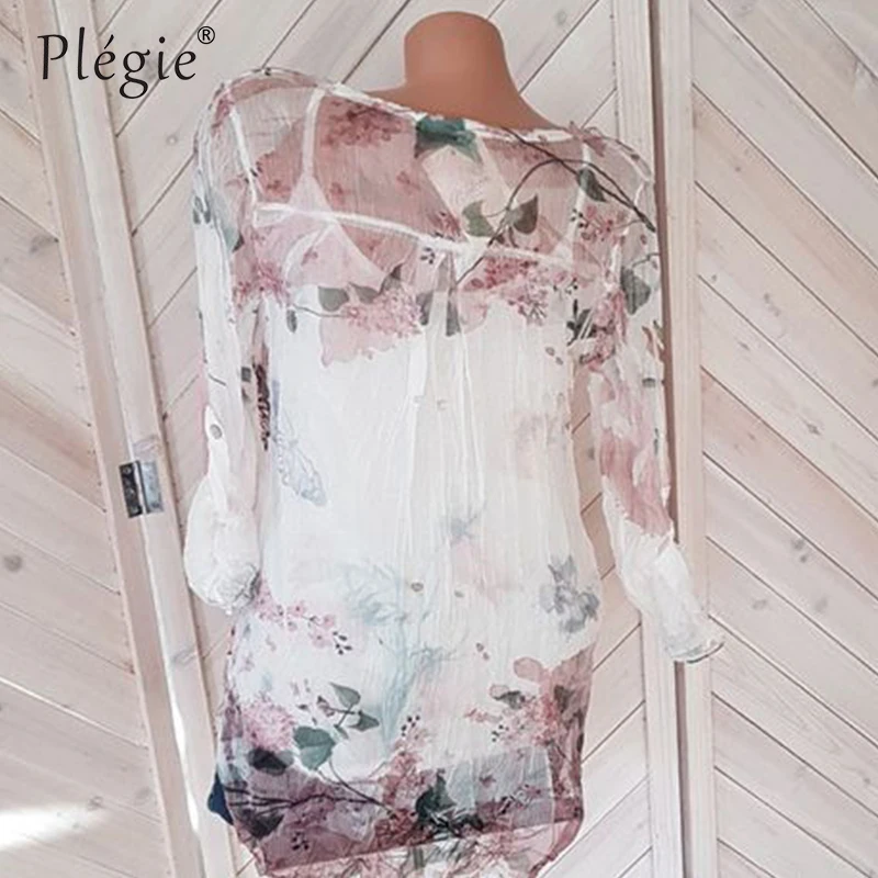 Plegie Цветочный принт блузка Для женщин 5XL размера плюс Summet Топ с длинным рукавом