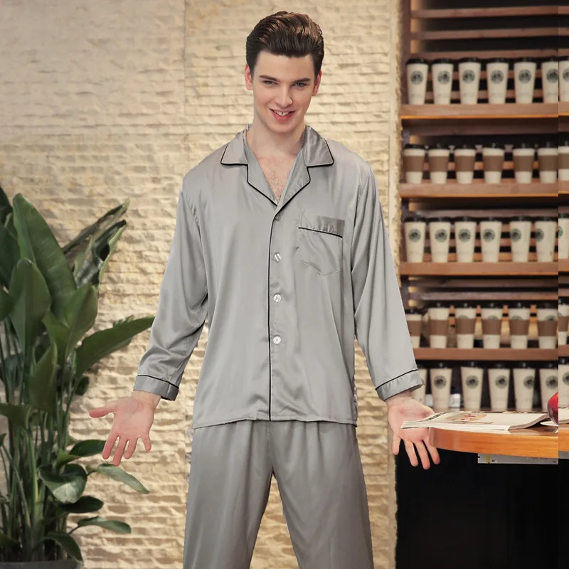 

SSH0141 2018 New Brand Pajamas Satin Silk Men Pyjama Spring Autumn Full Long Sleeve Male Home Clothing Suit Solid Pajama Set Men