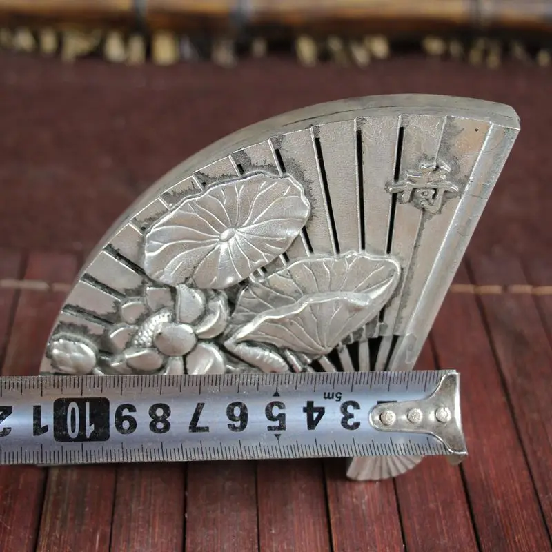 

China old Feng Shui Homeornaments Plate with silver Fan incense burner Statue