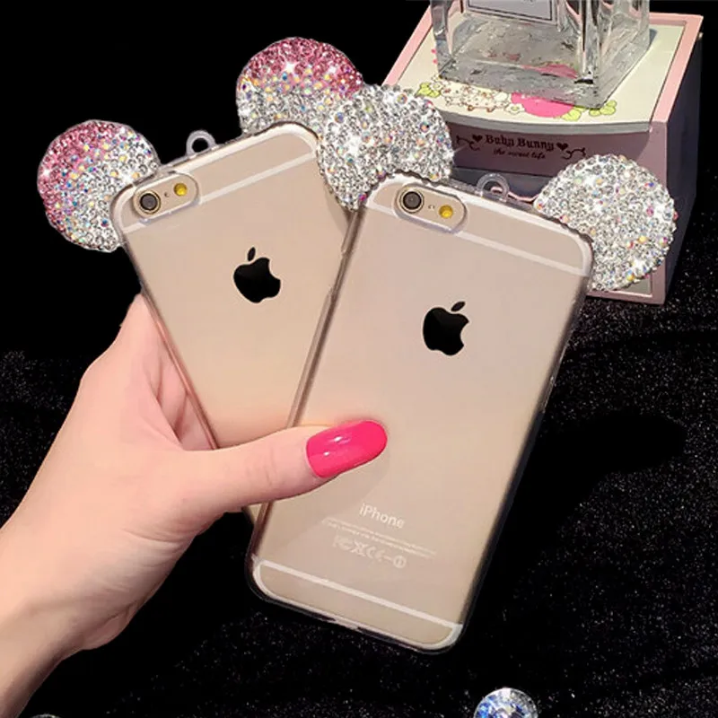 Мультфильм Микки Горный Хрусталь 3D Маус Уши Чехлы Для iPhone 6 S 7 плюс SE 5 5S Мягкий