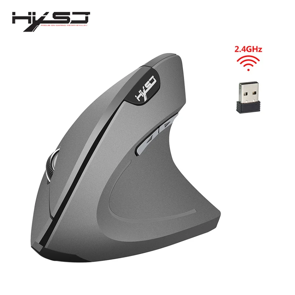 HXSJ T24 2,4G беспроводная мышь Вертикальная Эргономичная Регулируемая dpi 800 1600 2400 6 кнопок с usb-приемником для ноутбука - Цвет: Grey