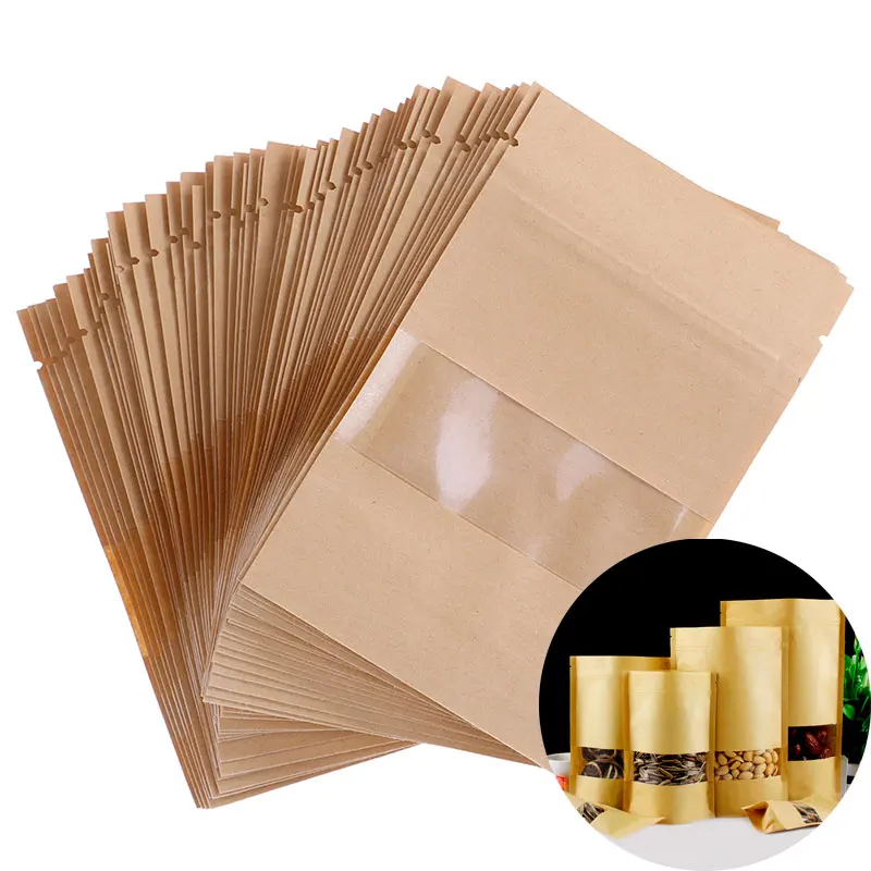 10/50pcs Stand up zip lock kraft Gift paper bag with matte translucent window inside with PE kraft paper pouch S/M