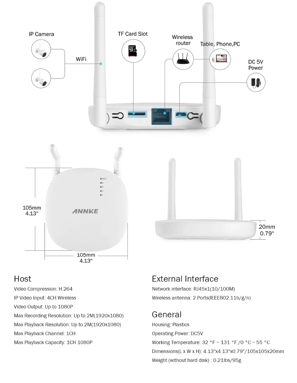 ANNKE 4ch Беспроводная система видеонаблюдения 1080P Wifi мини NVR комплект для наружного видеонаблюдения домашняя беспроводная ip-камера