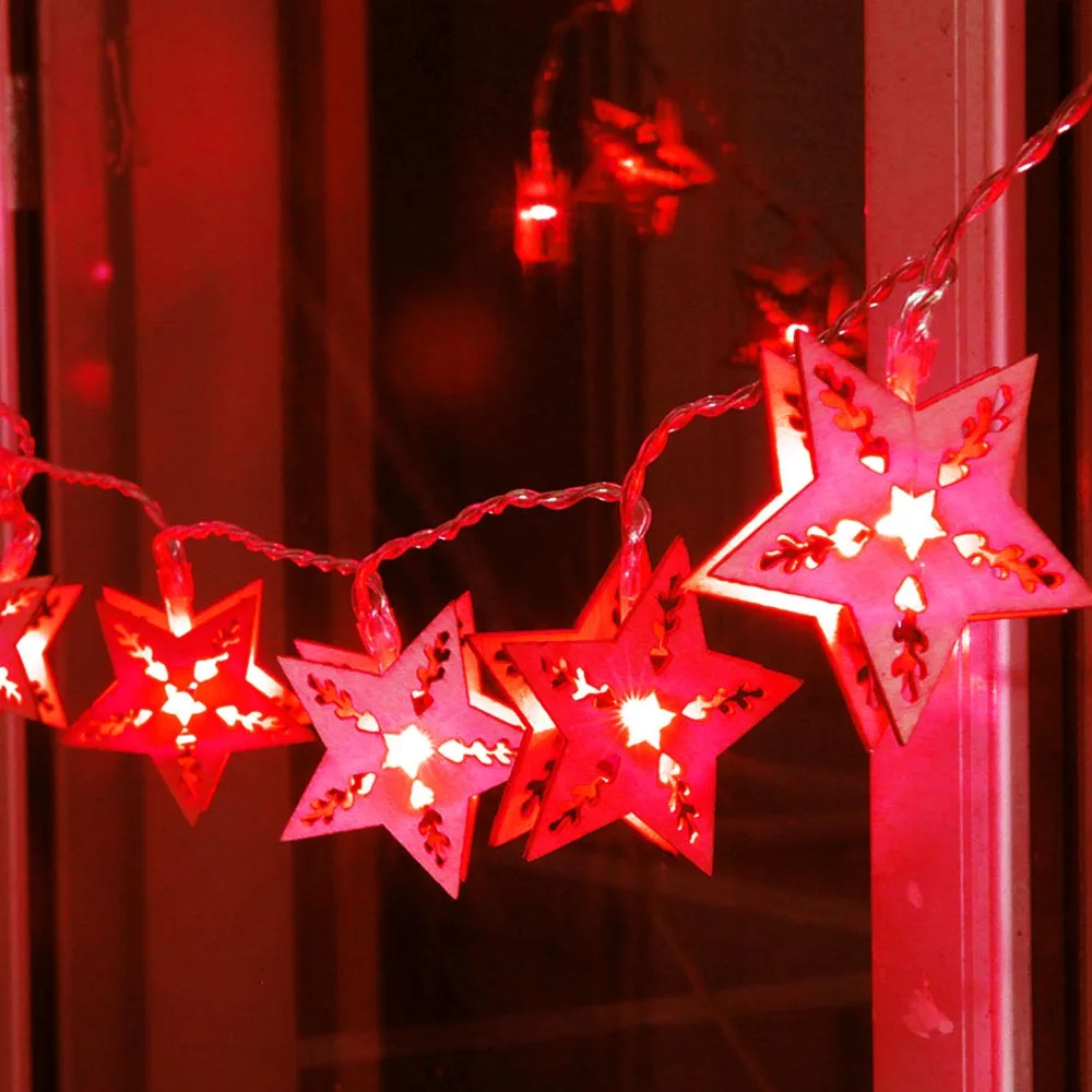 Wooden Holiday lights five-pointed star Led Light string 20-38Leds 5-10m EU Plug Garland Birthday Party christmas fairy decor DA | Лампы и