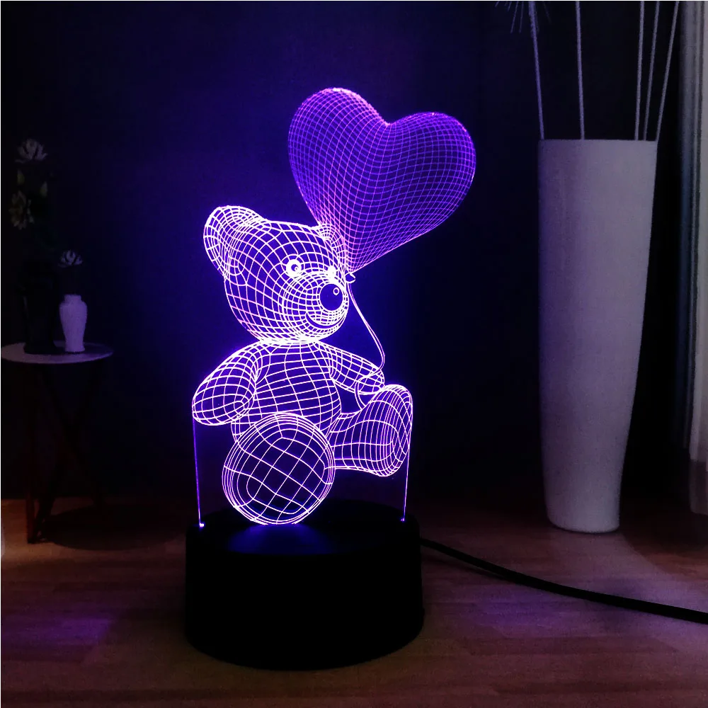 Иллюзия RGB 3D Милый Детский плюшевый медвежонок в форме сердца воздушный шар