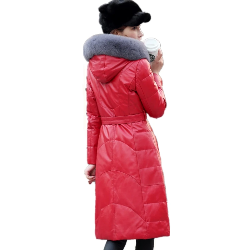 2018 New Women Winter Hooded Fur Collar Genuine Leather Down Jacket Fashion Warm Large Size Solid Long Coat LF273 | Женская одежда