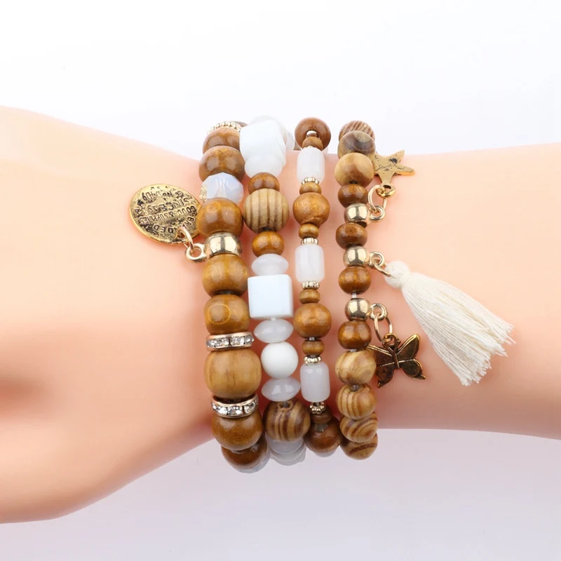 OIQUEI/ ; 4 шт./компл.; женские модные ювелирные изделия; Комплект браслетов; Boho; винтажный многослойный деревянный браслет с подвеской; Femme