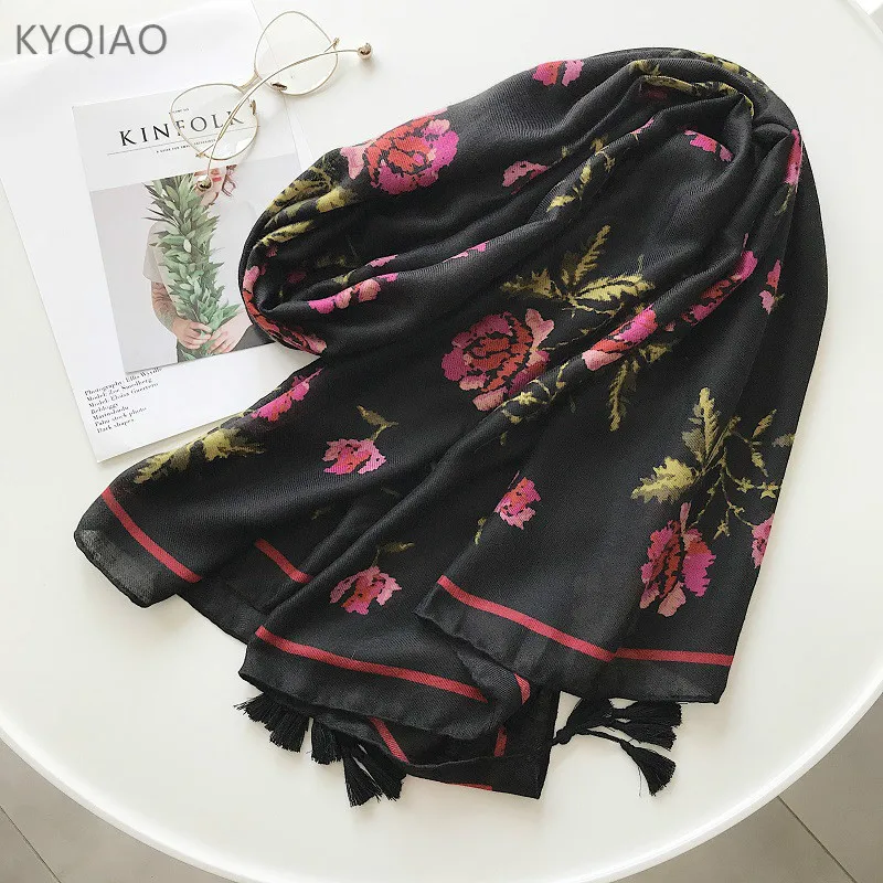 KYQIAO женские черные шарфы для дам Осень-зима в испанском стиле Модные Винтажные
