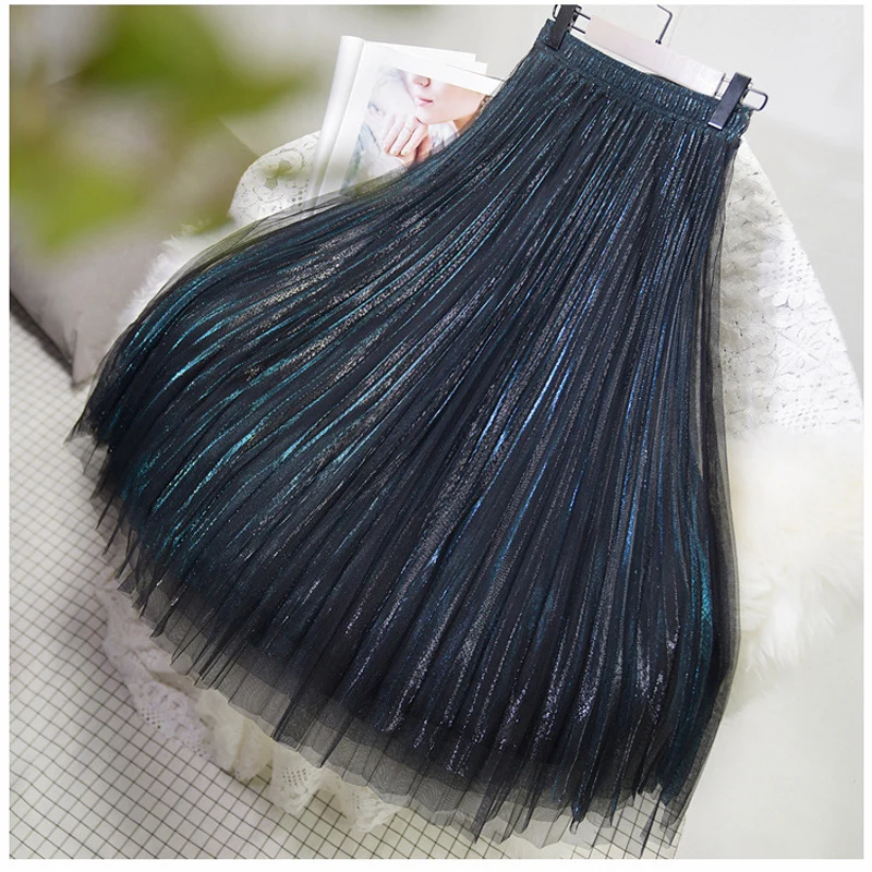 Streamer blue Women's 3 Layer Bright Tulle Skirt Ladies Korean High Waist Shining Tutu Skirt Pleated Mesh Midi Skirts Faldas Autumn - Цвет: Streamer blue