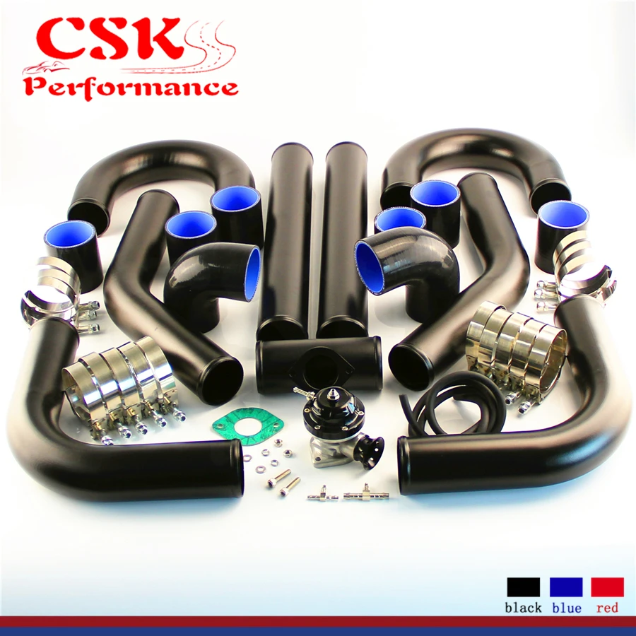 Universal DIY 2.5&quot / 2.75&quot Aluminum Intercooler Piping Pipe Silicone hose T-clamps + Turbo Flange BOV Kit Black |