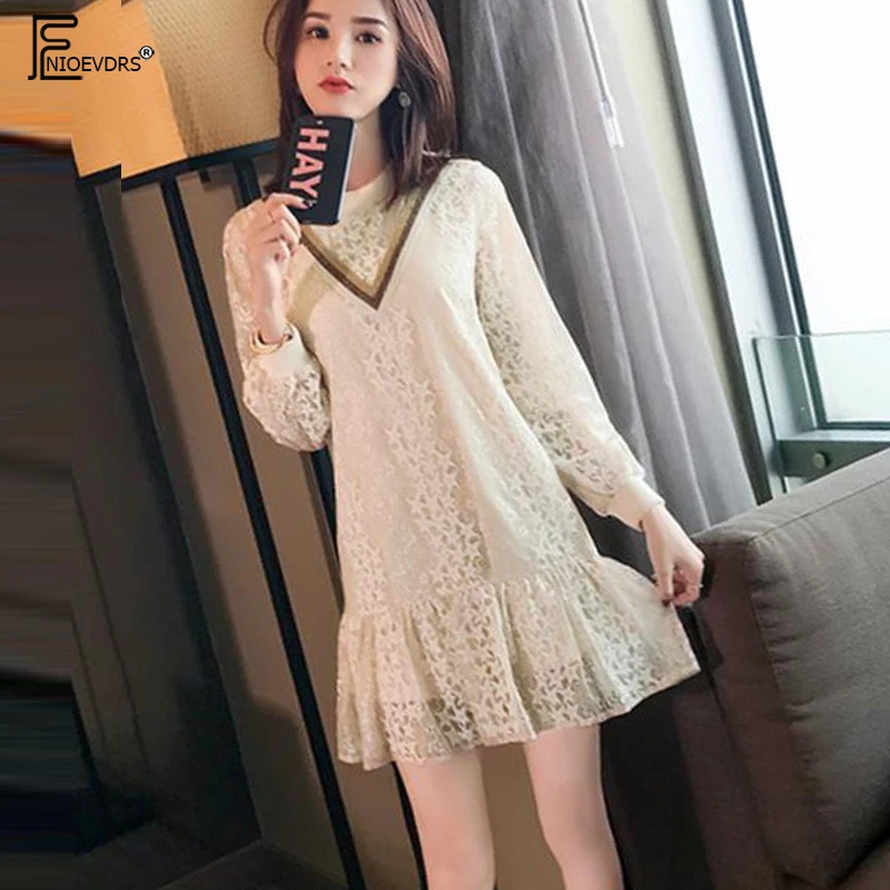 Cute Sweet Mini Dresses Hot Sales Women Fashion Long Sleeve Basic Casual Patchwork Ruffled Hollow Out Lace Princess Dress 10828 | Женская