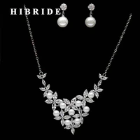 hibride brazil style flower clear cubic zirconia pearl jewelry sets women bridal necklace earring set dress accessories n 261