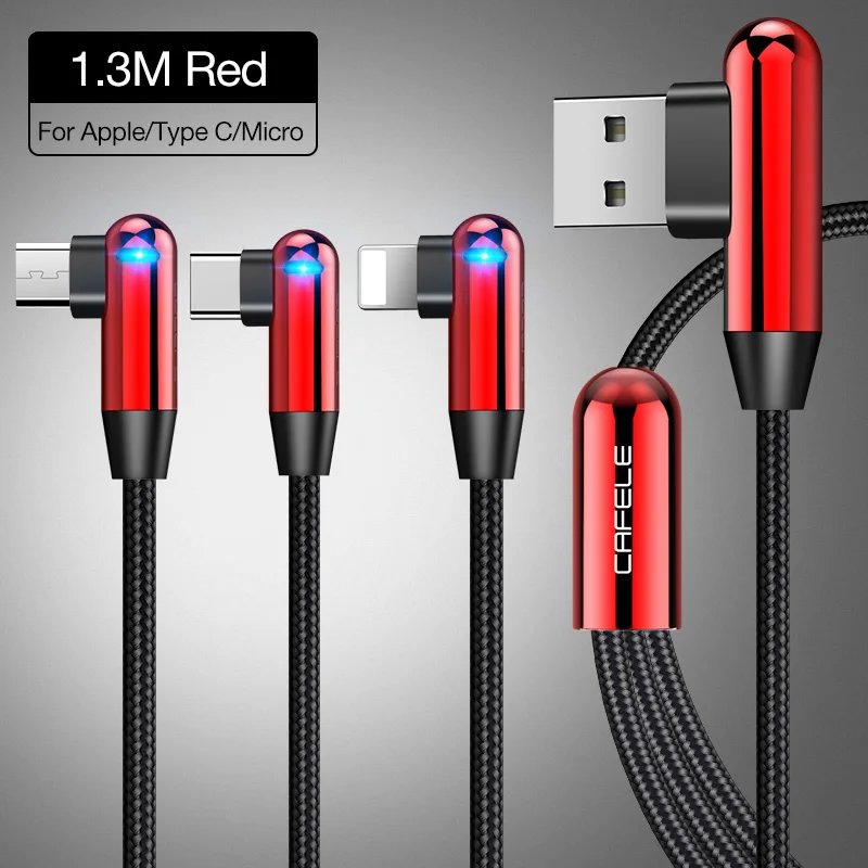 CAFELE 3 в 1 светодиодный светильник L изгиб зарядка USB кабель для iPhone Xr X huawei samsung Xiaomi sony локоть зарядный кабель для IOS 12 11 10 - Цвет: LMT Red