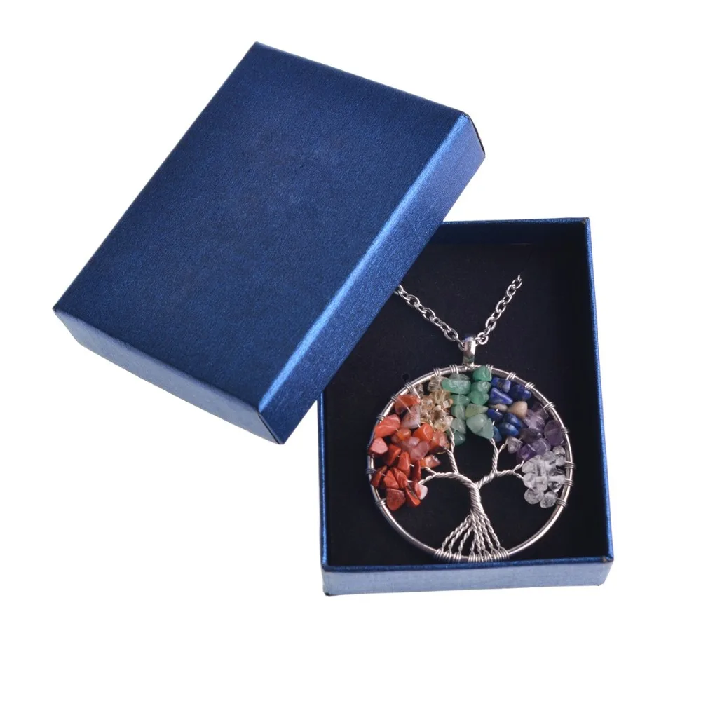 Natural Stone 7 Chakra Tree of Life Pendant Necklace for Women Rainbown Yoga Healing Treatment Stainess Steel Chain Gift box