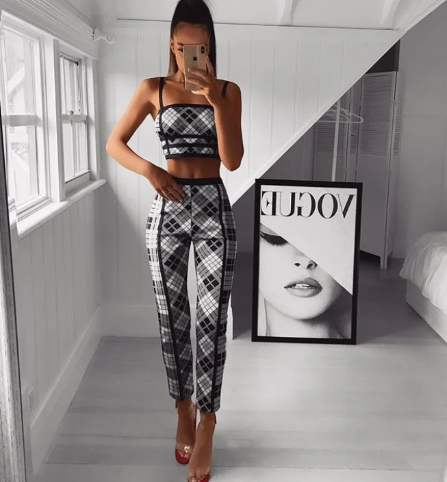 Новое поступление комплект женской одежды сексуальный клетчатый черный бандаж