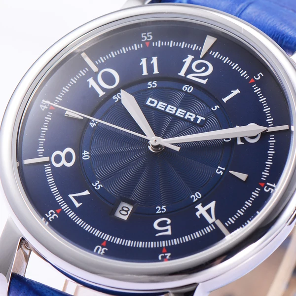 Модные Классические мужские часы 43 мм с голубым ремешком черный чехол датой