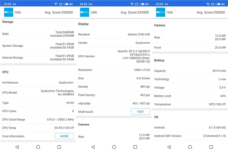 Официальный Meizu 16th, 16 ГБ, 6 ГБ, 64 ГБ, Восьмиядерный процессор Snapdragon 845, 6,0 дюйма, 2160x1080 P, 3010 мАч, батарея, двойная камера заднего вида