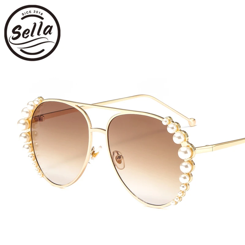 Sella Fashion Sun Glasses For Women Luxury Pearl Decoration Oversized Pilot Mirror/Gradient Lens 2018 Trending Shade | Аксессуары для