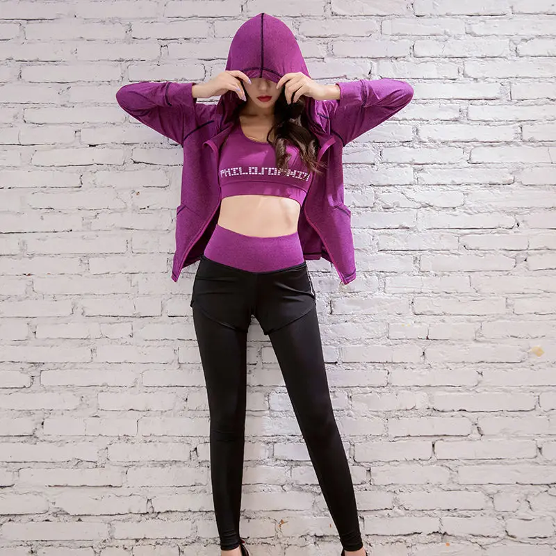 PURPLE 3PCS 5 шт., женские комплекты для йоги, 5 шт., комплекты для бега, одежда для фитнеса, женский спортивный костюм, одежда для бега в спортзале, спортивная одежда для женщин, для спортзала - Цвет: PURPLE 3PCS