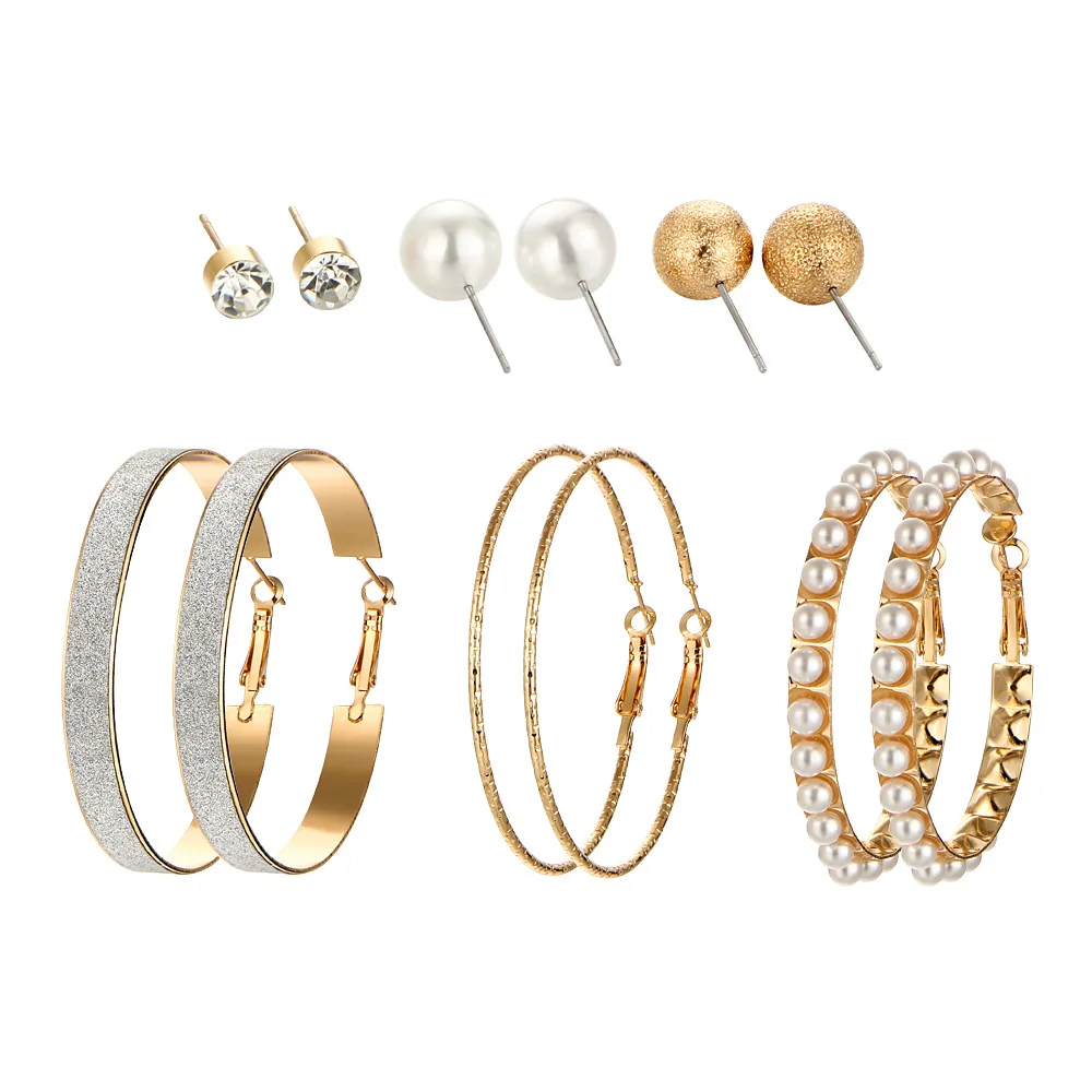 

HOCOLE 6 Pairs lot Round Alloy Ball Pearls Rhinestone Flowers Stud Earrings Set Hot Selling Small Pierced Earrings Set For Women