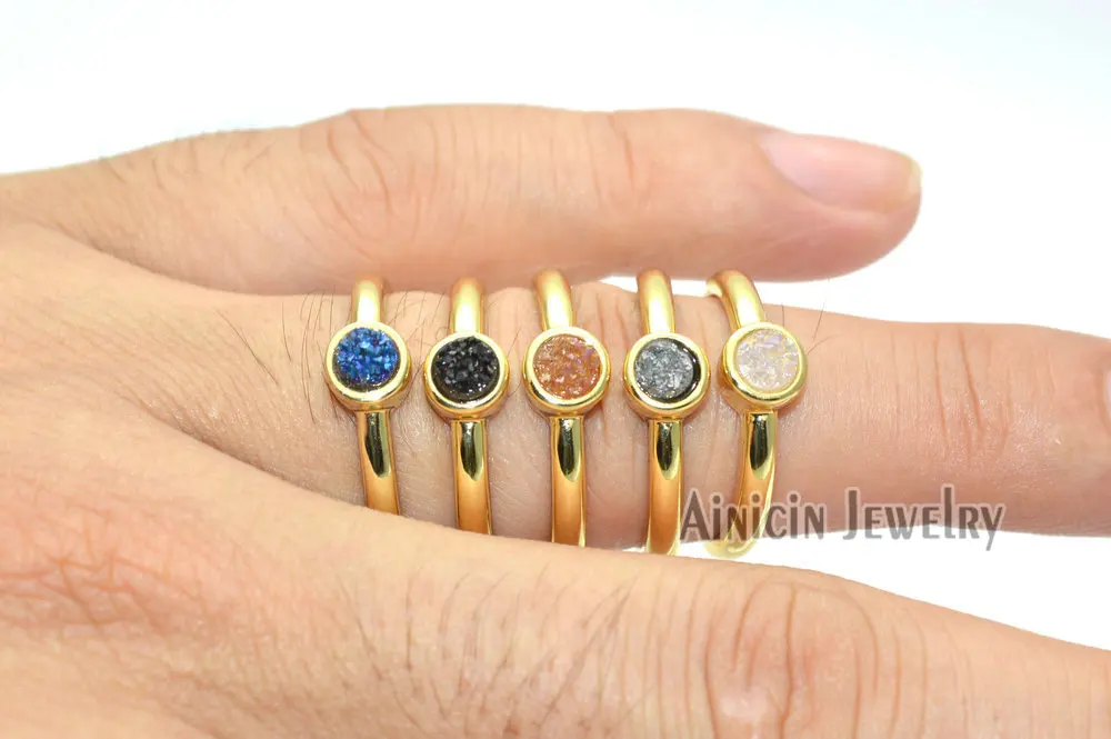 

5pcs 4mm Diameter Druzy Crystal Adjustable Finger Rings For Women Party Jewelry
