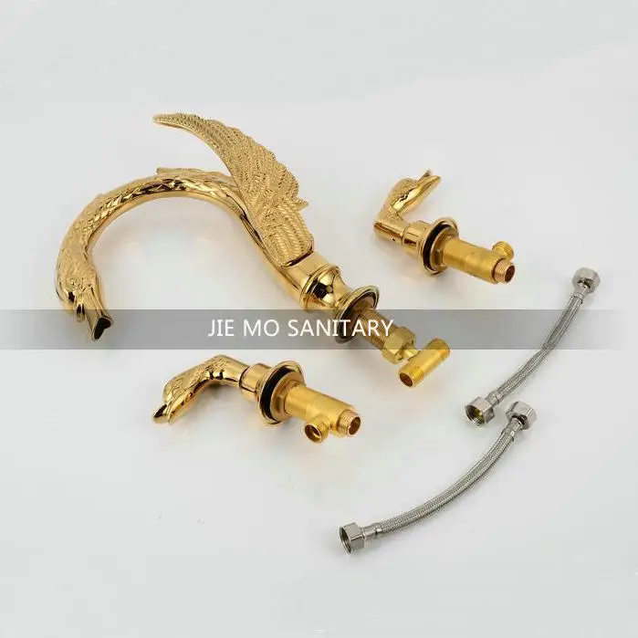 Wholesale And Retail Brand NEW Deck Mounted Bathroom Faucet Swan Spout Sink Mixer Tap Golden Brass 3 Holes H1195 | Обустройство дома