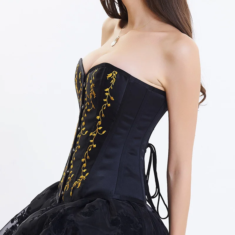 Черная/Золотая вышитая одежда в викторианском стиле корсет костюмы для бурлеска