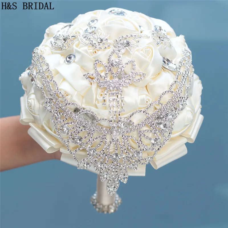 

Ivory Wedding Bouquet with Crystal Ribbon Bride Bridesmaid Flower for Wedding Gift Elegant Artificial Rose Hot Sale 2019