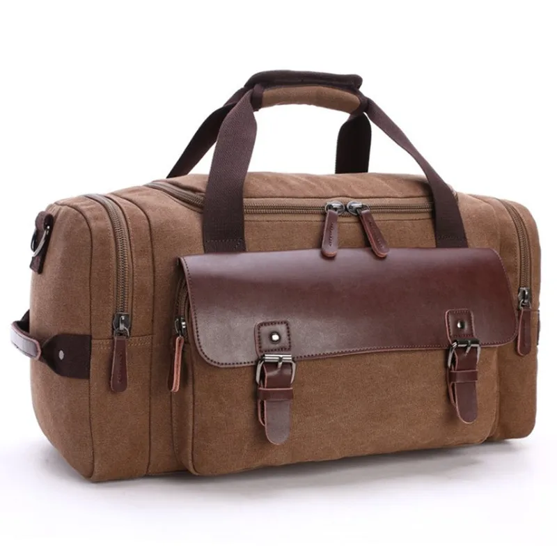 Men's vintage canvas travel bag durable Thick PU stitching duffel luggage Retro weekend bags woman shoulder messenger handbag