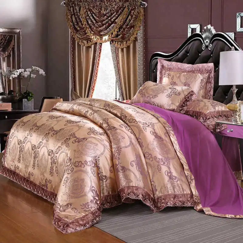 

Liv-Esthete Luxury Satin Jacquard European Bedding Set Lace Side Duvet Cover Purple Flat Sheet Queen King Bed Linen For Adult