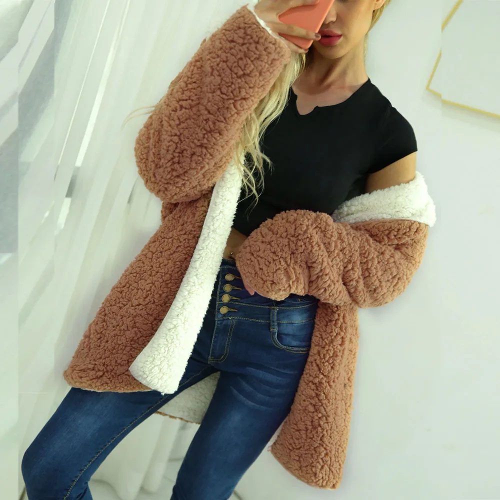 Женские куртки и пальто зимние толстые из искусственной шерсти Ovearcoat длинные двухсторонние парки женские зимние плюшевые пальто с капюшоном