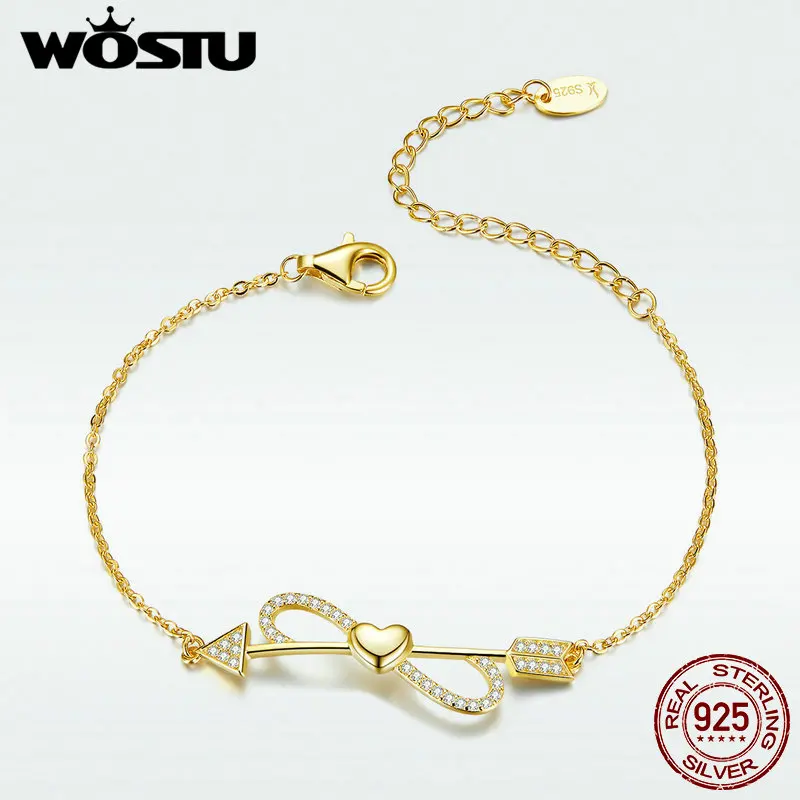 WOSTU хит продаж 100% Стерлинговое Серебро 925 пробы золотой цвет браслеты с бантом для