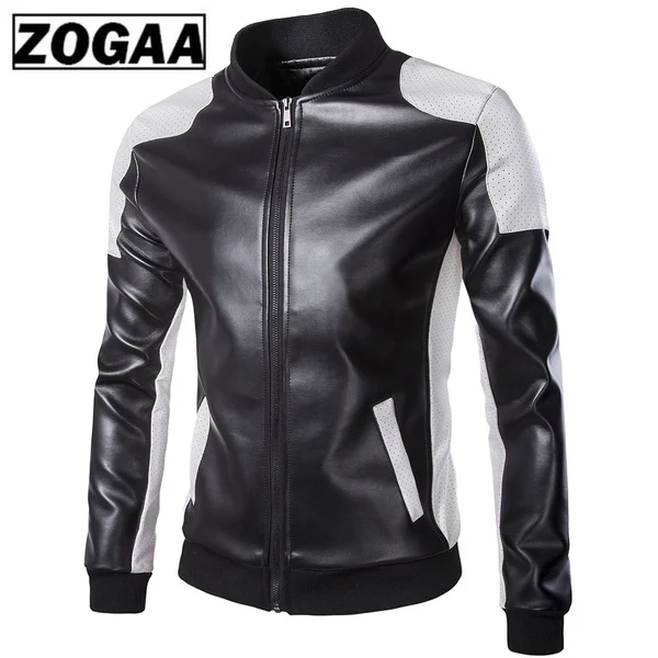 2018 Осенняя мужская куртка с воротником стойкой черно белая кожаная вышивкой