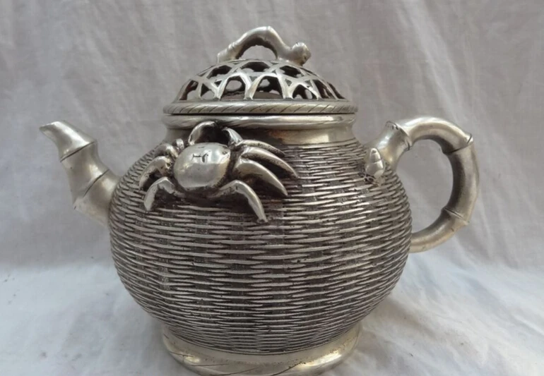 JP S0608 10" Chinese Silver Crab Statue Auspicious Symbol Bronze Bamboo Teapot Wine Pot Discount 35% | Дом и сад